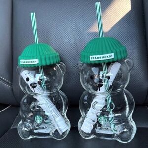 Starbucks Bear Tumblers with Green Lids